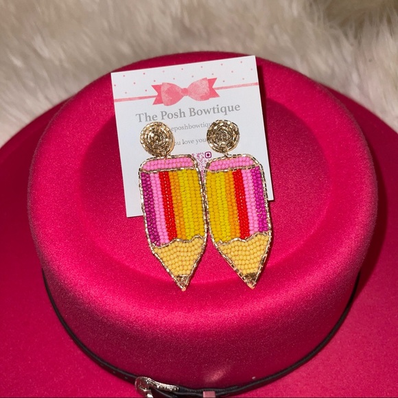 Pencil Bright Yellow & Pink Seed Beaded Teacher Statement Earrings - Picture 6 of 8